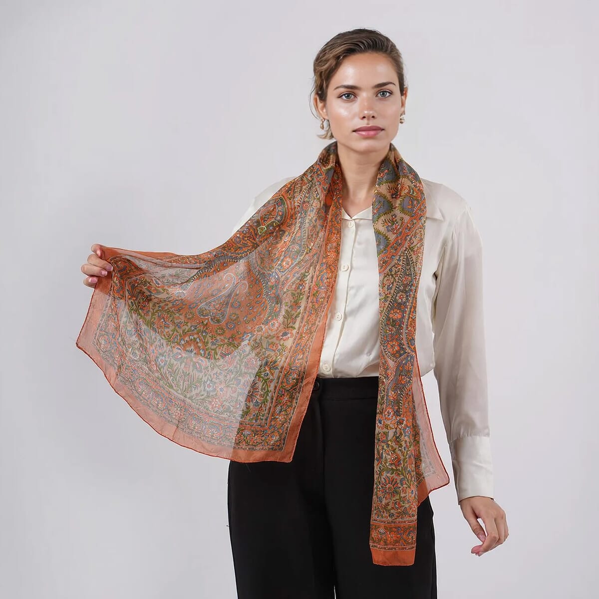 Orange 100% Silk Paisley Printed Scarf image number 2