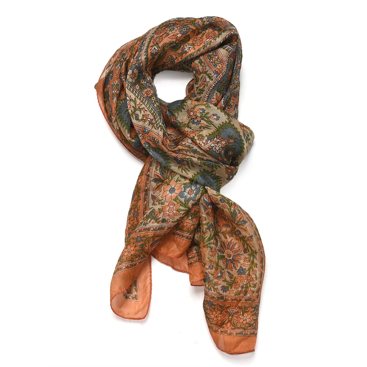 Orange 100% Silk Paisley Printed Scarf image number 3