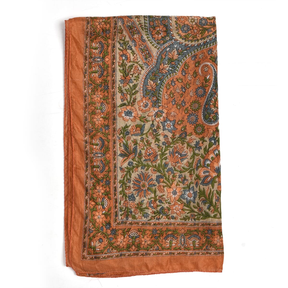 Orange 100% Silk Paisley Printed Scarf image number 4