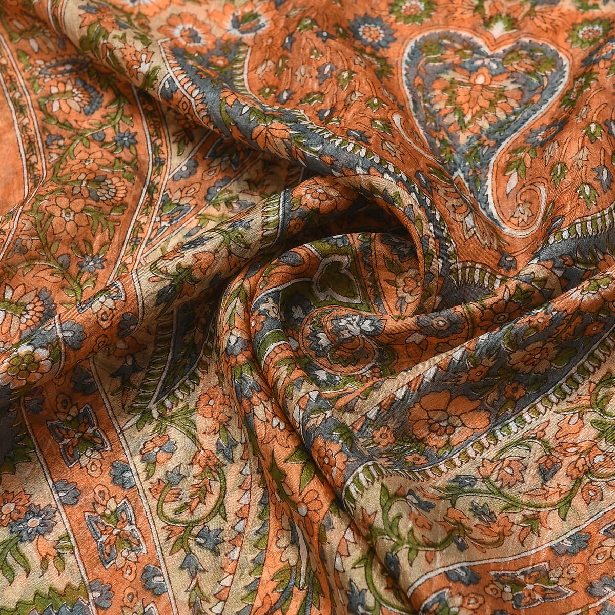 Orange 100% Silk Paisley Printed Scarf image number 5