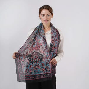 Navy 100% Silk Paisley Printed Scarf