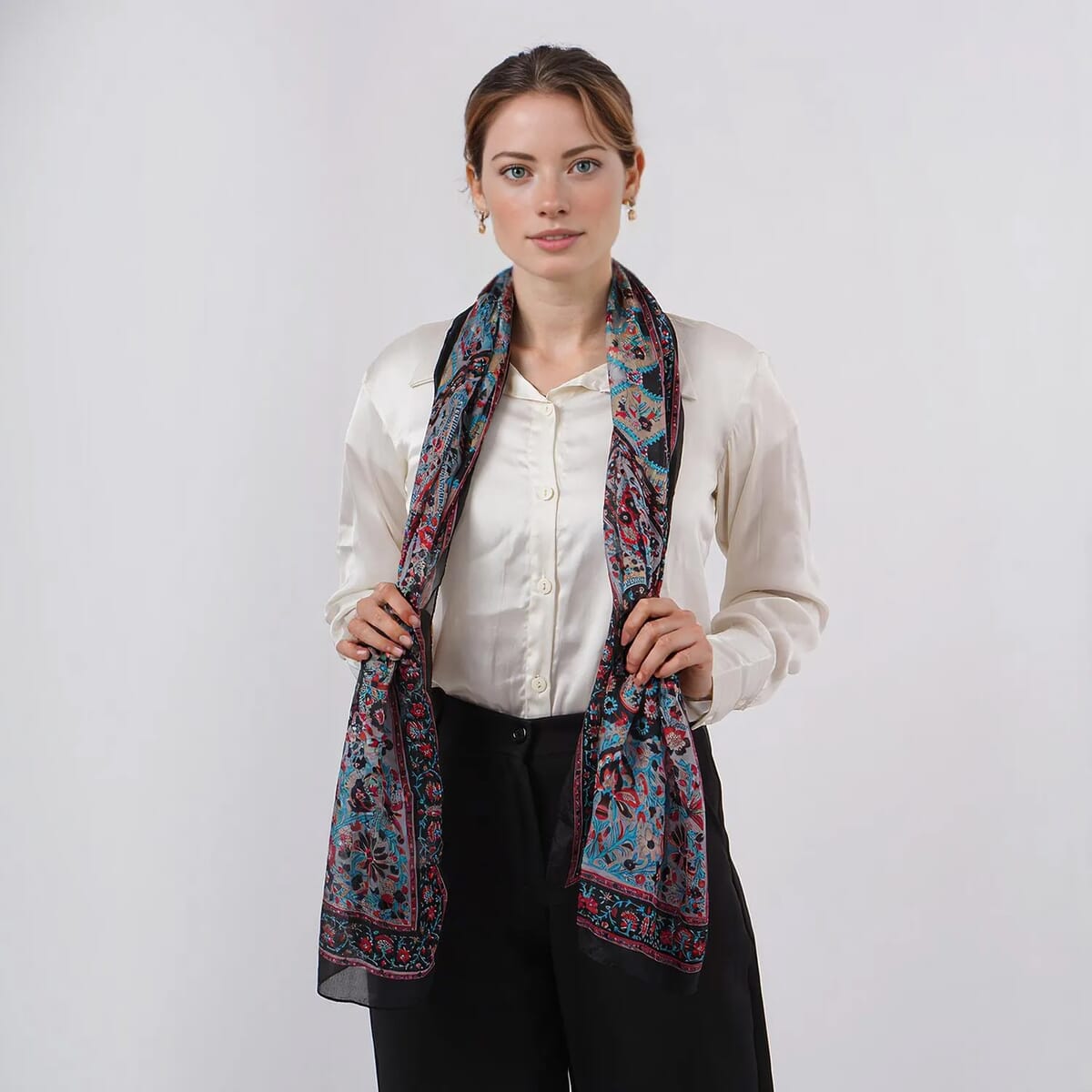 Navy 100% Silk Paisley Printed Scarf image number 1