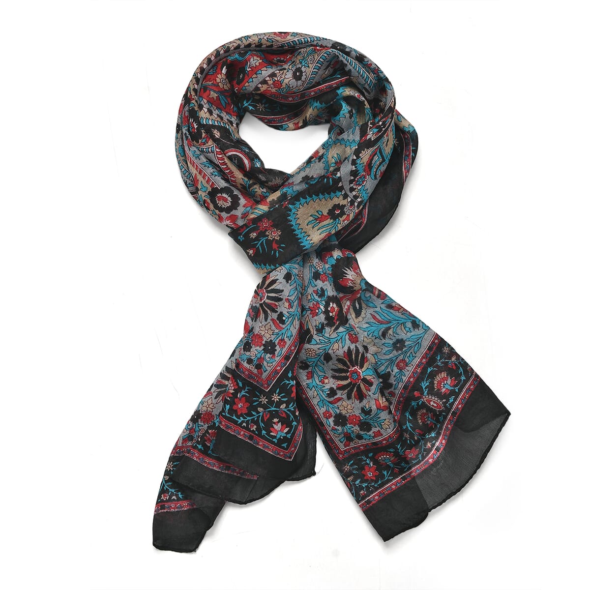 Navy 100% Silk Paisley Printed Scarf image number 3