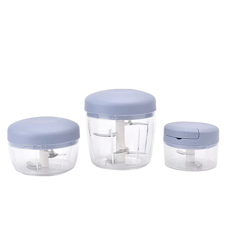 Set of 3 Blue Manual Food Chopper, Vegetable Cutter, Hand Blender Food with Stainless Steel Blade (200, 500, 900ml)
