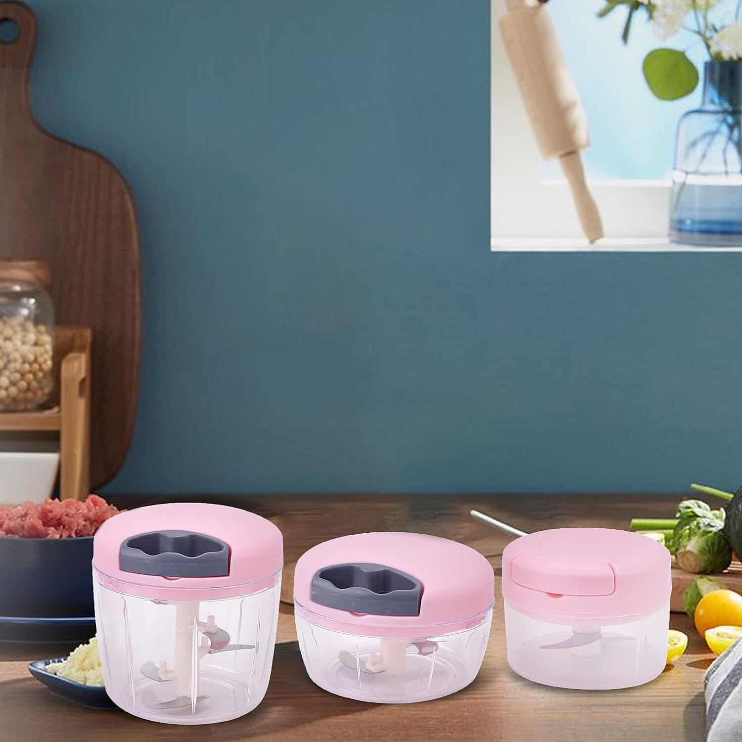 Set of 3 Pink Manual Food Chopper, Vegetable Cutter, Hand Blender Food with Stainless Steel Blade (200, 500, 900ml)