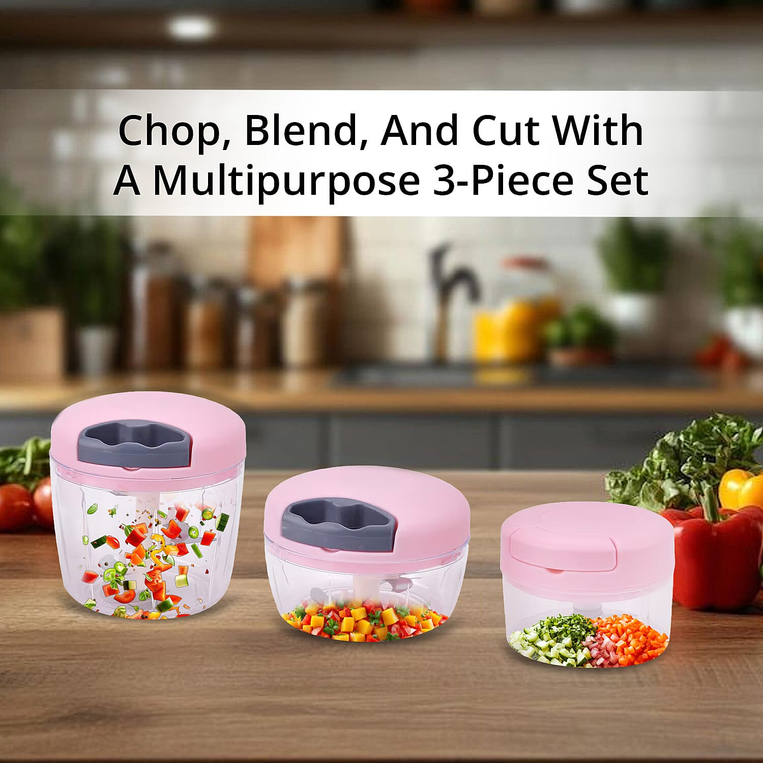 Set of 3 Pink Manual Food Chopper, Vegetable Cutter, Hand Blender Food with Stainless Steel Blade (200, 500, 900ml)