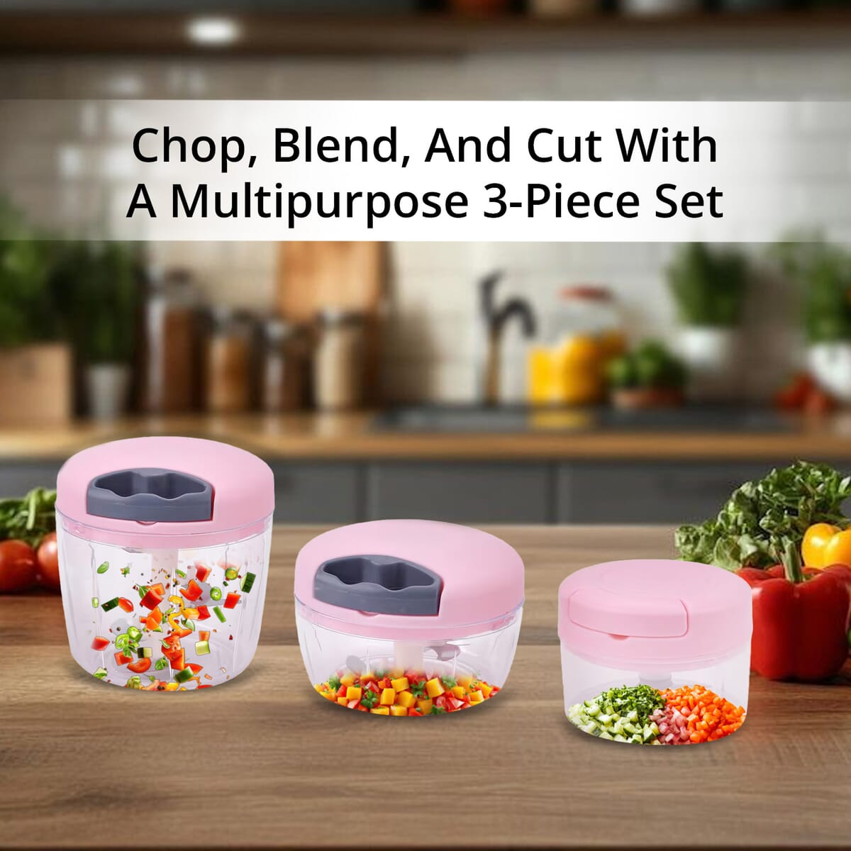 Set of 3 Pink Manual Food Chopper, Vegetable Cutter, Hand Blender Food with Stainless Steel Blade (200, 500, 900ml) image number 2