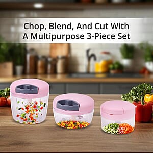 Set of 3 Pink Manual Food Chopper, Vegetable Cutter, Hand Blender Food with Stainless Steel Blade (200, 500, 900ml)
