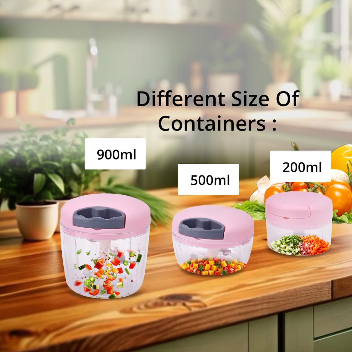 Set of 3 Pink Manual Food Chopper, Vegetable Cutter, Hand Blender Food with Stainless Steel Blade (200, 500, 900ml) image number 3