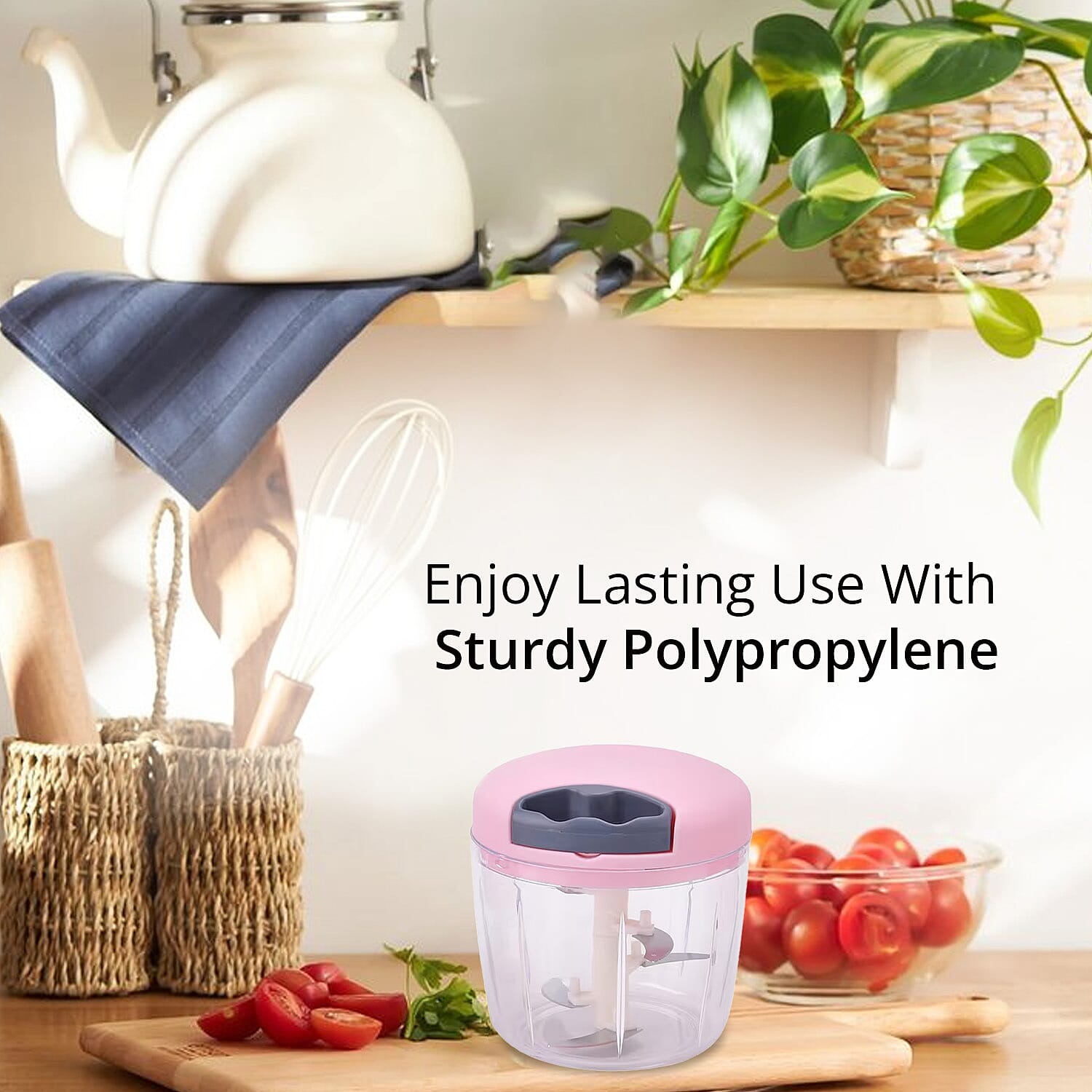 Set of 3 Pink Manual Food Chopper, Vegetable Cutter, Hand Blender Food with Stainless Steel Blade (200, 500, 900ml)
