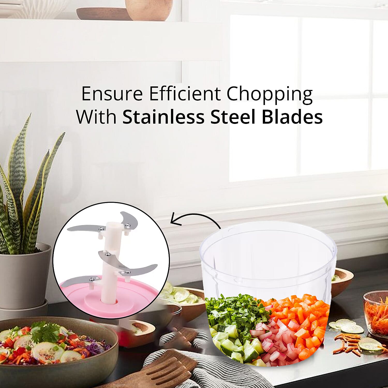 Set of 3 Pink Manual Food Chopper, Vegetable Cutter, Hand Blender Food with Stainless Steel Blade (200, 500, 900ml)