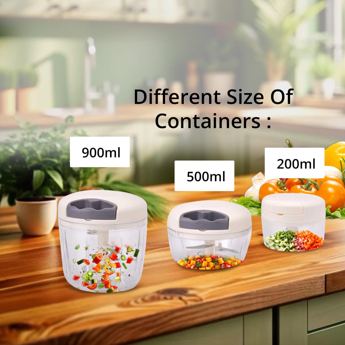 Set of 3 Grey Manual Food Chopper, Vegetable Cutter, Hand Blender Food with Stainless Steel Blade (200, 500, 900ml) image number 3