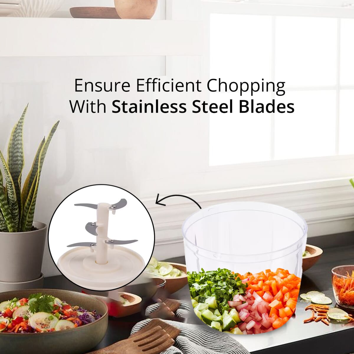 Set of 3 Grey Manual Food Chopper, Vegetable Cutter, Hand Blender Food with Stainless Steel Blade (200, 500, 900ml) image number 4