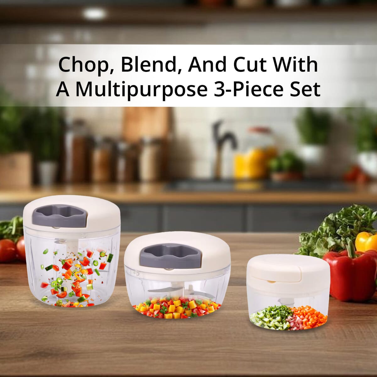 Set of 3 Grey Manual Food Chopper, Vegetable Cutter, Hand Blender Food with Stainless Steel Blade (200, 500, 900ml) image number 6