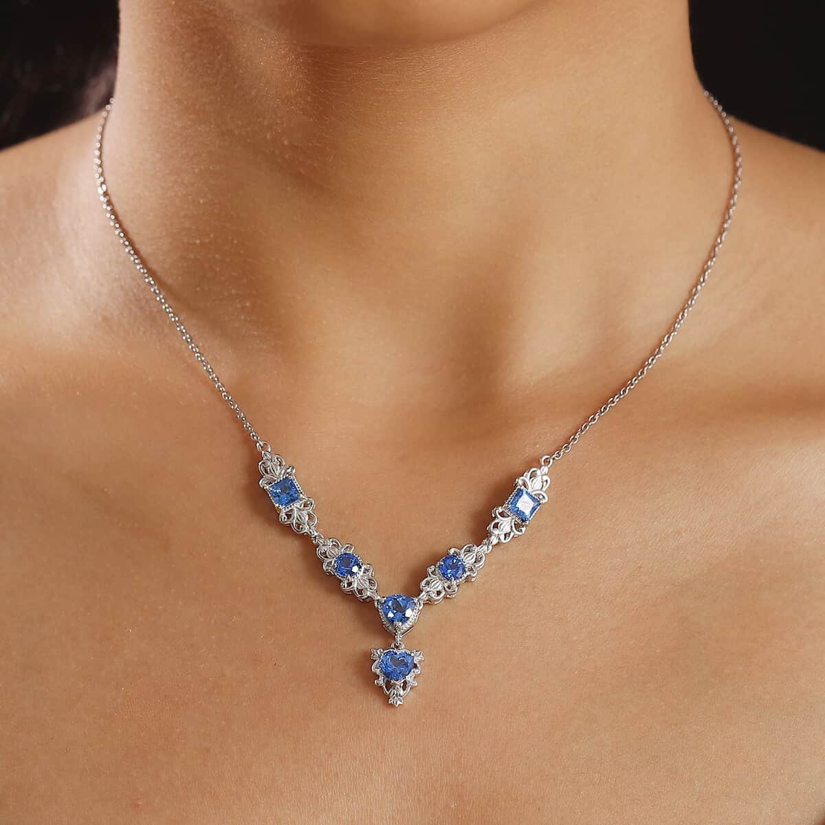 Karis Signity Electric Blue Topaz 4.00 ctw Necklace in Platinum Bond and Stainless Steel 18 Inches image number 2