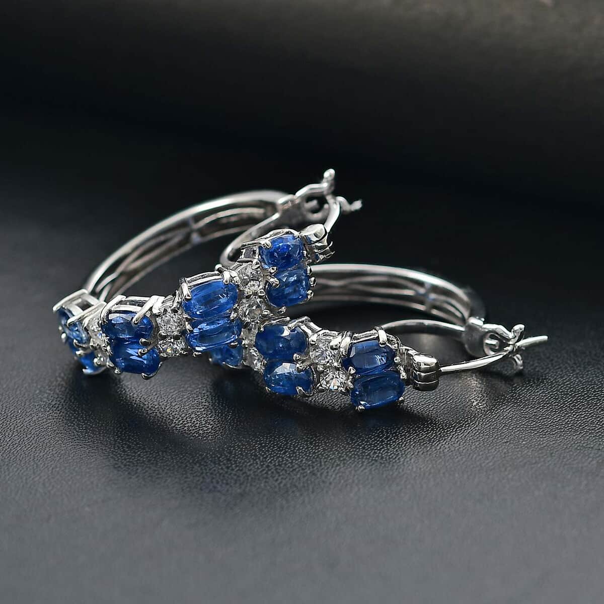 Kashmir Kyanite and White Zircon 7.15 ctw Hoop Earrings in Rhodium Over Sterling Silver image number 1