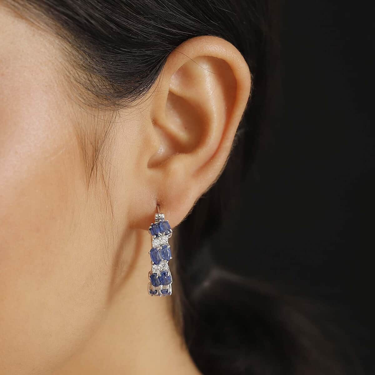 Kashmir Kyanite and White Zircon 7.15 ctw Hoop Earrings in Rhodium Over Sterling Silver image number 2