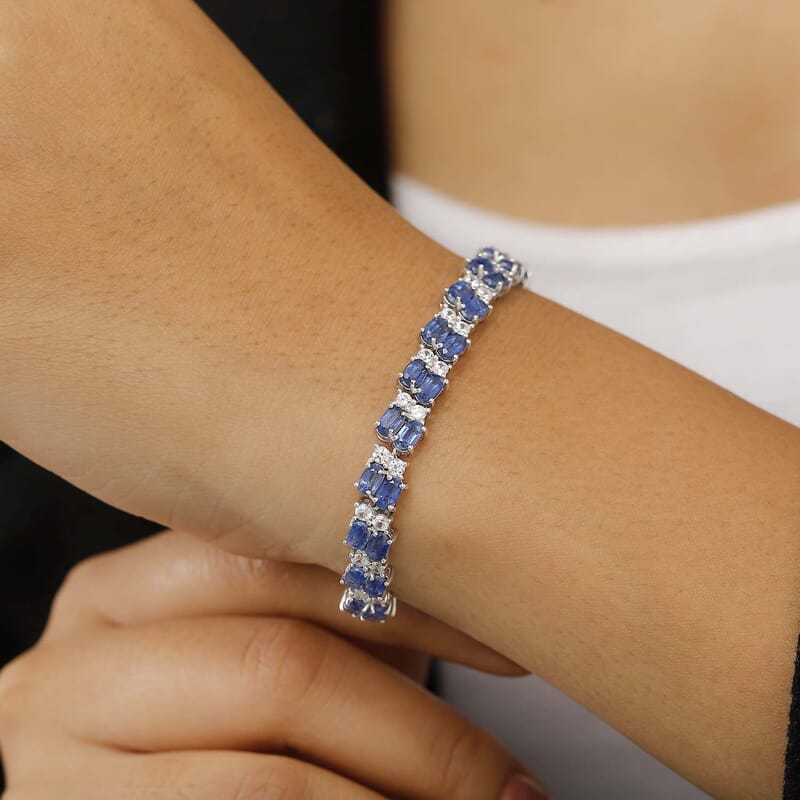 Kashmir Kyanite and White Zircon 15.50 ctw Bracelet in Rhodium Over Sterling Silver (6.50 In)