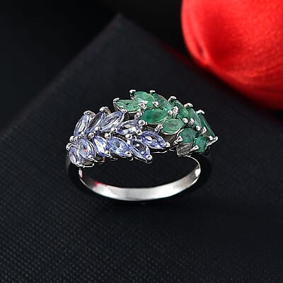 Kagem Zambian Emerald and Tanzanite 2.00 ctw Fern Leaf Ring in Rhodium Over Sterling Silver (Size 10.0)