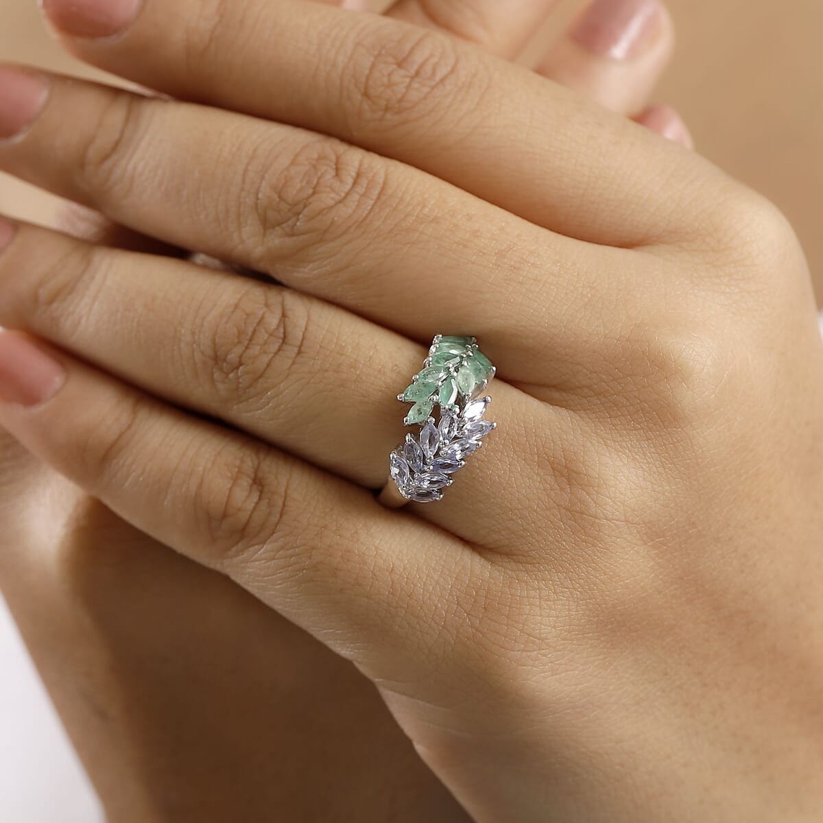 Kagem Zambian Emerald and Tanzanite 2.00 ctw Fern Leaf Ring in Rhodium Over Sterling Silver (Size 10.0) image number 2