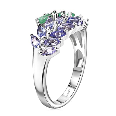 Kagem Zambian Emerald and Tanzanite 2.00 ctw Fern Leaf Ring in Rhodium Over Sterling Silver (Size 10.0)
