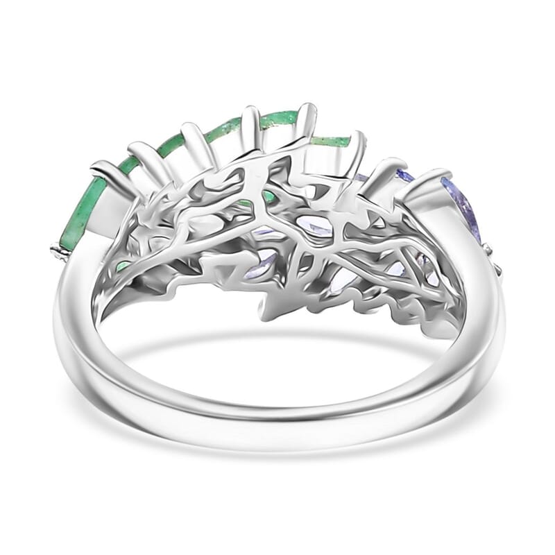 Kagem Zambian Emerald and Tanzanite 2.00 ctw Fern Leaf Ring in Rhodium Over Sterling Silver (Size 10.0)