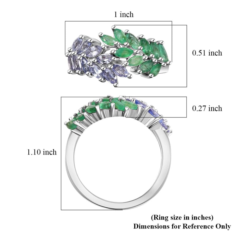 Kagem Zambian Emerald and Tanzanite 2.00 ctw Fern Leaf Ring in Rhodium Over Sterling Silver (Size 10.0)