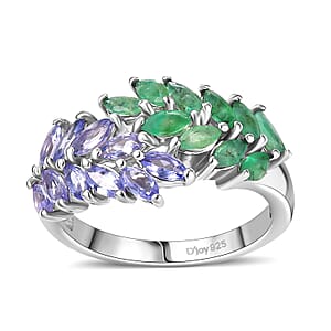 D'Joy Kagem Zambian Emerald and Tanzanite 2.00 ctw Fern Leaf Ring in Rhodium Over Sterling Silver (Size 6.0)