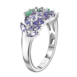 D'Joy Kagem Zambian Emerald and Tanzanite 2.00 ctw Fern Leaf Ring in Rhodium Over Sterling Silver (Size 6.0)
