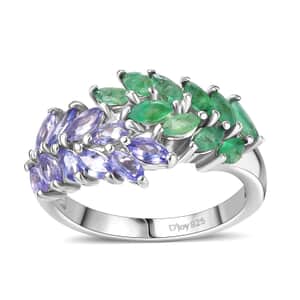 Kagem Zambian Emerald and Tanzanite 2.00 ctw Fern Leaf Ring in Rhodium Over Sterling Silver (Size 7.0)