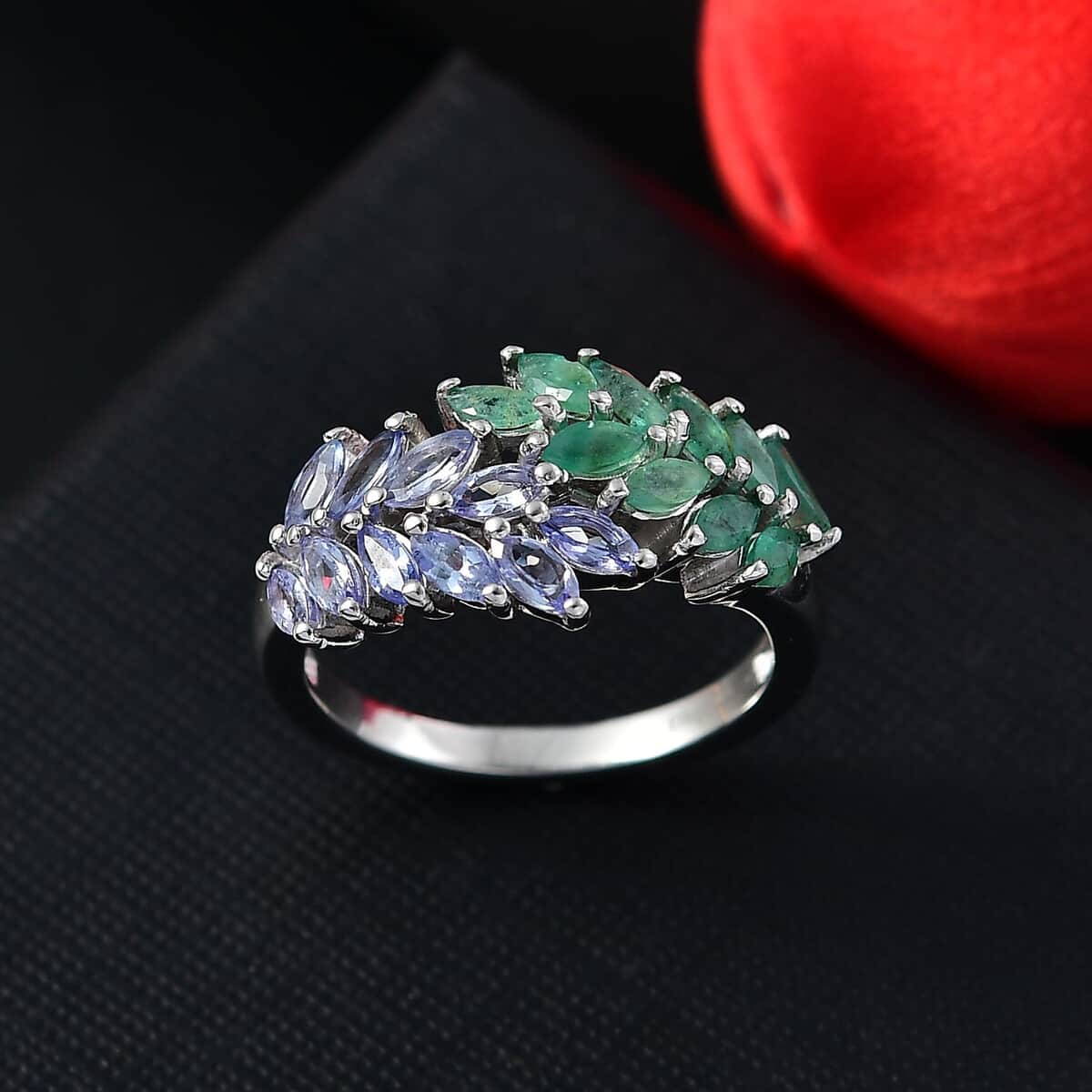 Kagem Zambian Emerald and Tanzanite 2.00 ctw Fern Leaf Ring in Rhodium Over Sterling Silver (Size 7.0) image number 1