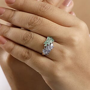 D'Joy Kagem Zambian Emerald and Tanzanite 2.00 ctw Fern Leaf Ring in Rhodium Over Sterling Silver (Size 8.0)