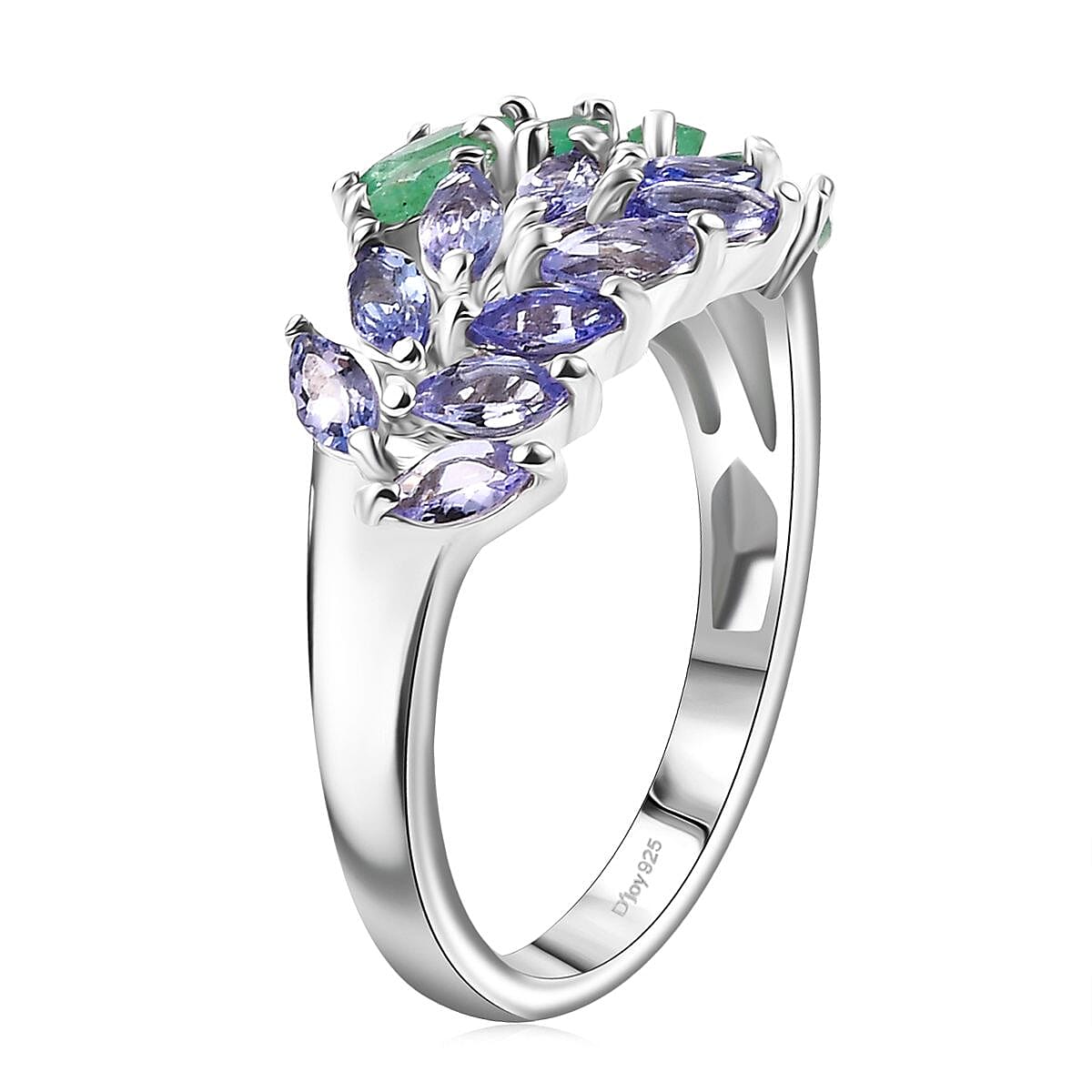 D'Joy Kagem Zambian Emerald and Tanzanite 2.00 ctw Fern Leaf Ring in Rhodium Over Sterling Silver (Size 8.0) image number 3