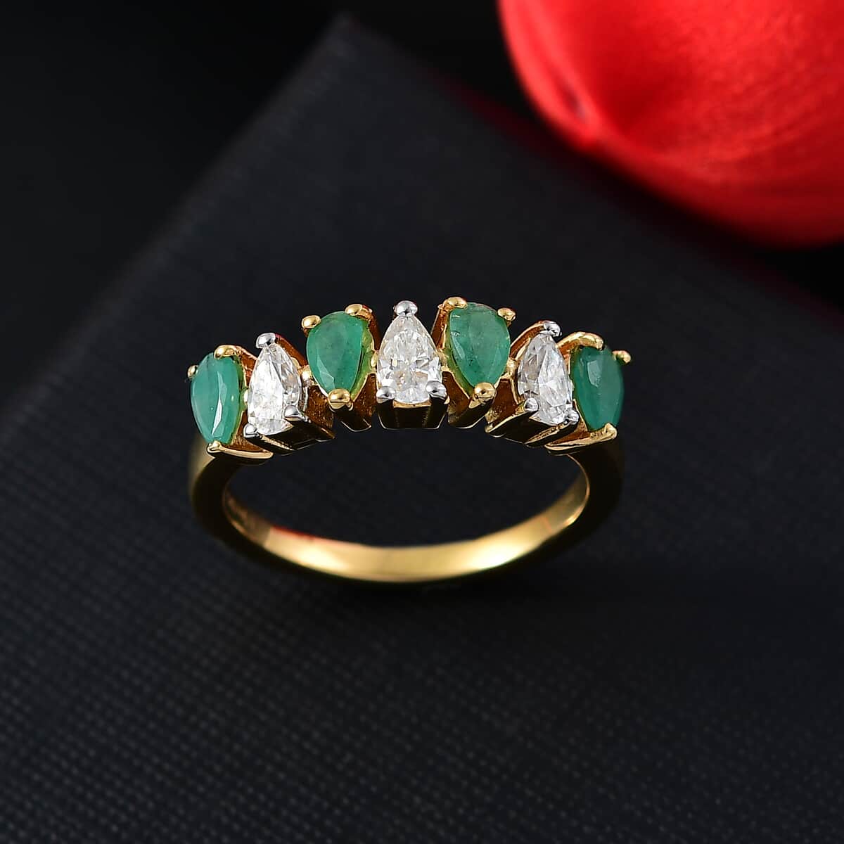 Kagem Zambian Emerald and Moissanite 1.35 ctw Eternity Ring in 18K Vermeil Yellow Gold Over Sterling Silver (Size 10.0) image number 1