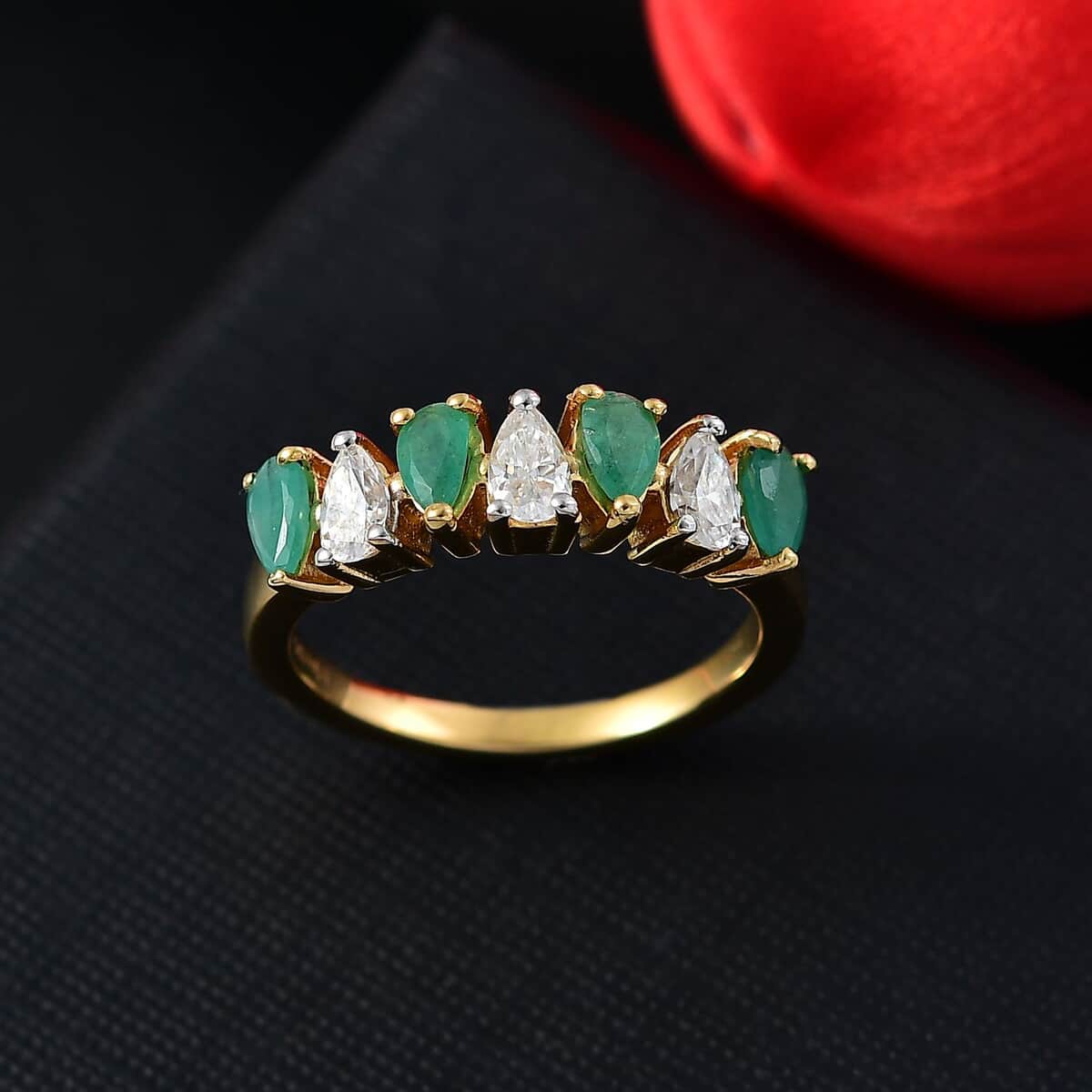 Kagem Zambian Emerald and Moissanite 1.35 ctw Eternity Ring in 18K Vermeil Yellow Gold Over Sterling Silver (Size 7.0) image number 1