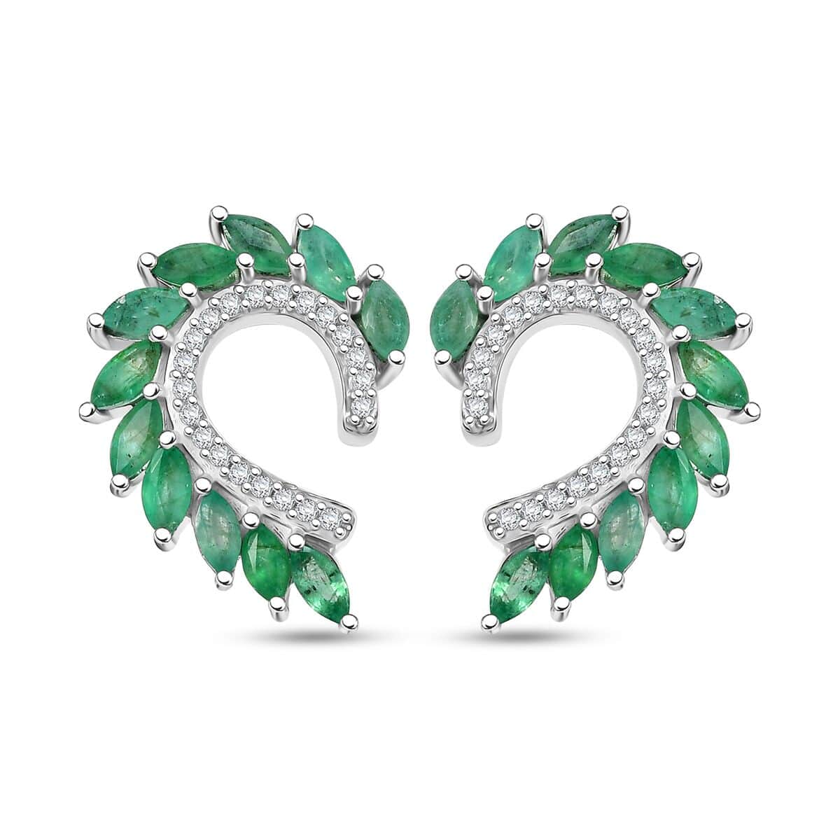 Kagem Zambian Emerald and White Zircon 2.25 ctw Climber Earrings in Rhodium Over Sterling Silver image number 0