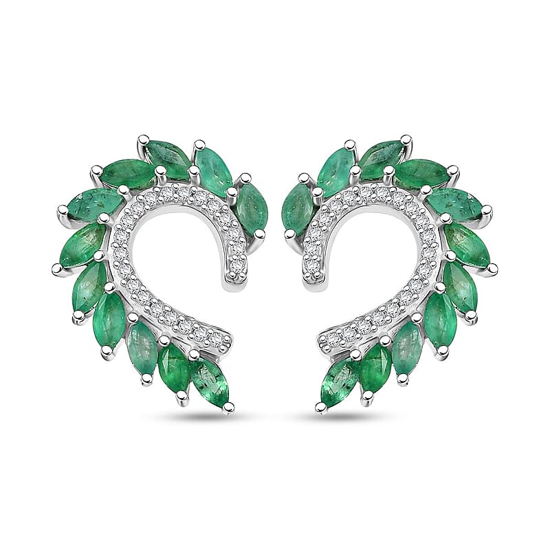 D'Joy Kagem Zambian Emerald and White Zircon 2.25 ctw Climber Earrings in Rhodium Over Sterling Silver