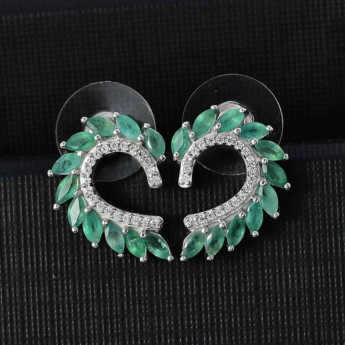 Kagem Zambian Emerald and White Zircon 2.25 ctw Climber Earrings in Rhodium Over Sterling Silver image number 1