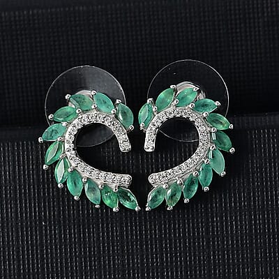 D'Joy Kagem Zambian Emerald and White Zircon 2.25 ctw Climber Earrings in Rhodium Over Sterling Silver