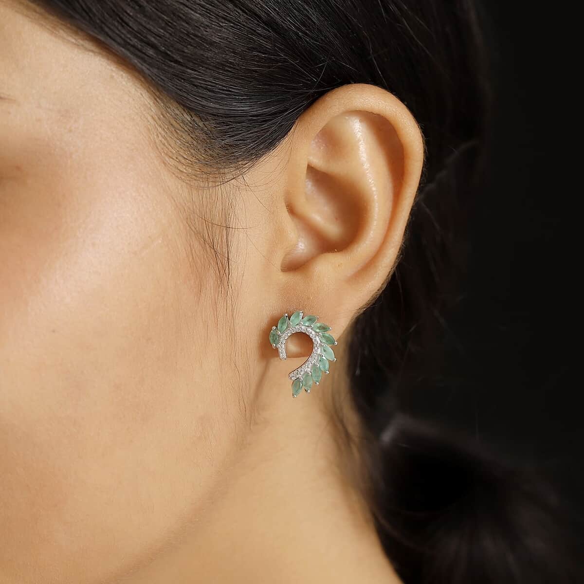 Kagem Zambian Emerald and White Zircon 2.25 ctw Climber Earrings in Rhodium Over Sterling Silver image number 2