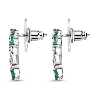D'Joy Kagem Zambian Emerald and White Zircon 2.25 ctw Climber Earrings in Rhodium Over Sterling Silver