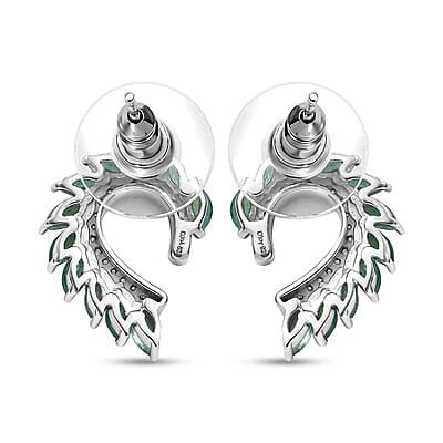 D'Joy Kagem Zambian Emerald and White Zircon 2.25 ctw Climber Earrings in Rhodium Over Sterling Silver