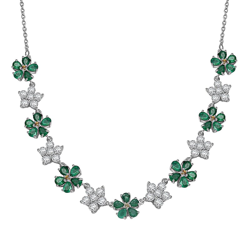 D'Joy Kagem Zambian Emerald and Multi Gemstone 8.70 ctw Floral Necklace in Rhodium Over Sterling Silver 18 Inches