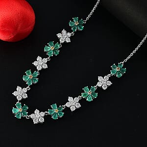 D'Joy Kagem Zambian Emerald and Multi Gemstone 8.70 ctw Floral Necklace in Rhodium Over Sterling Silver 18 Inches