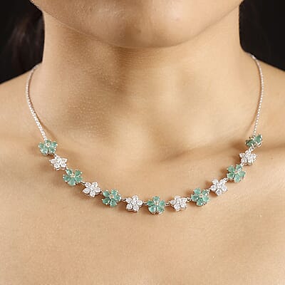 D'Joy Kagem Zambian Emerald and Multi Gemstone 8.70 ctw Floral Necklace in Rhodium Over Sterling Silver 18 Inches