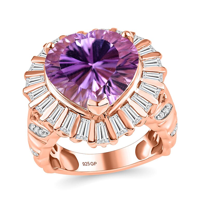 GP Amore Collection Premium Rose De France Amethyst and Moissanite 9.90 ctw Solitaire Ring in 18K Vermeil Rose Gold Over Sterling Silver (Size 10.0)