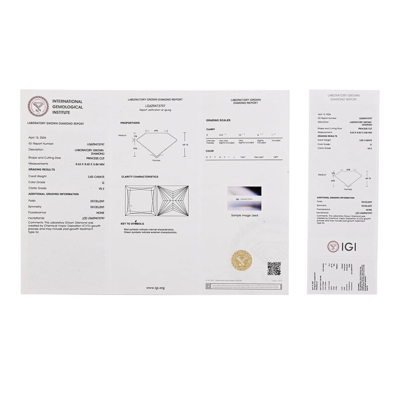 IGI Certified Luxuriant Lab Grown Diamond (G VS2) (Sqr Princess cut 8.5mm) 3.83 ctw