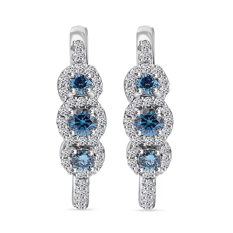 Luxuriant Lab Grown Blue Diamond (IR) and Lab Grown White Diamond VS 1.00 ctw Hoop Earrings in Rhodium Over Sterling Silver