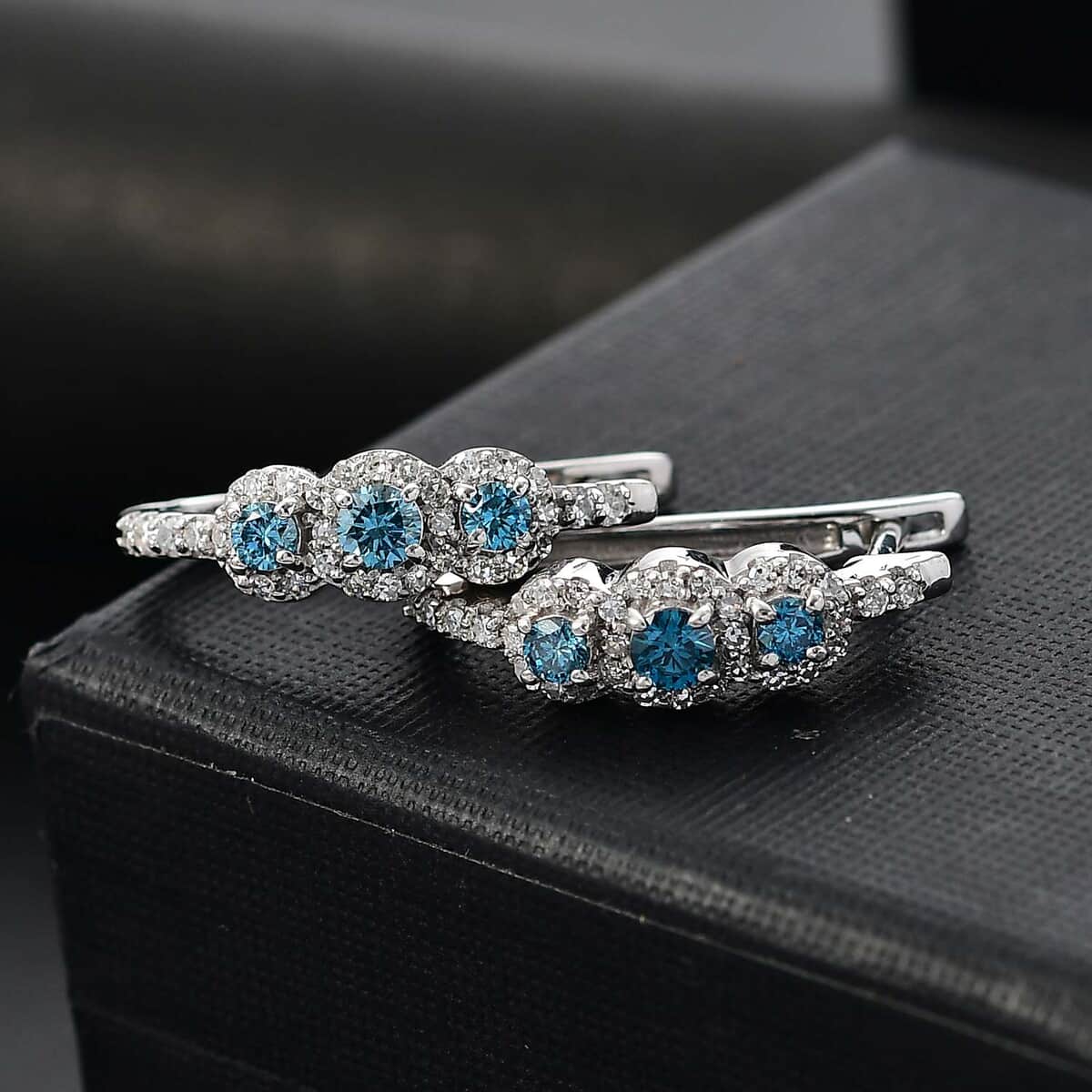 Luxuriant Lab Grown Blue and White Diamond VS 1.00 ctw Hoop Earrings in Rhodium Over Sterling Silver image number 1