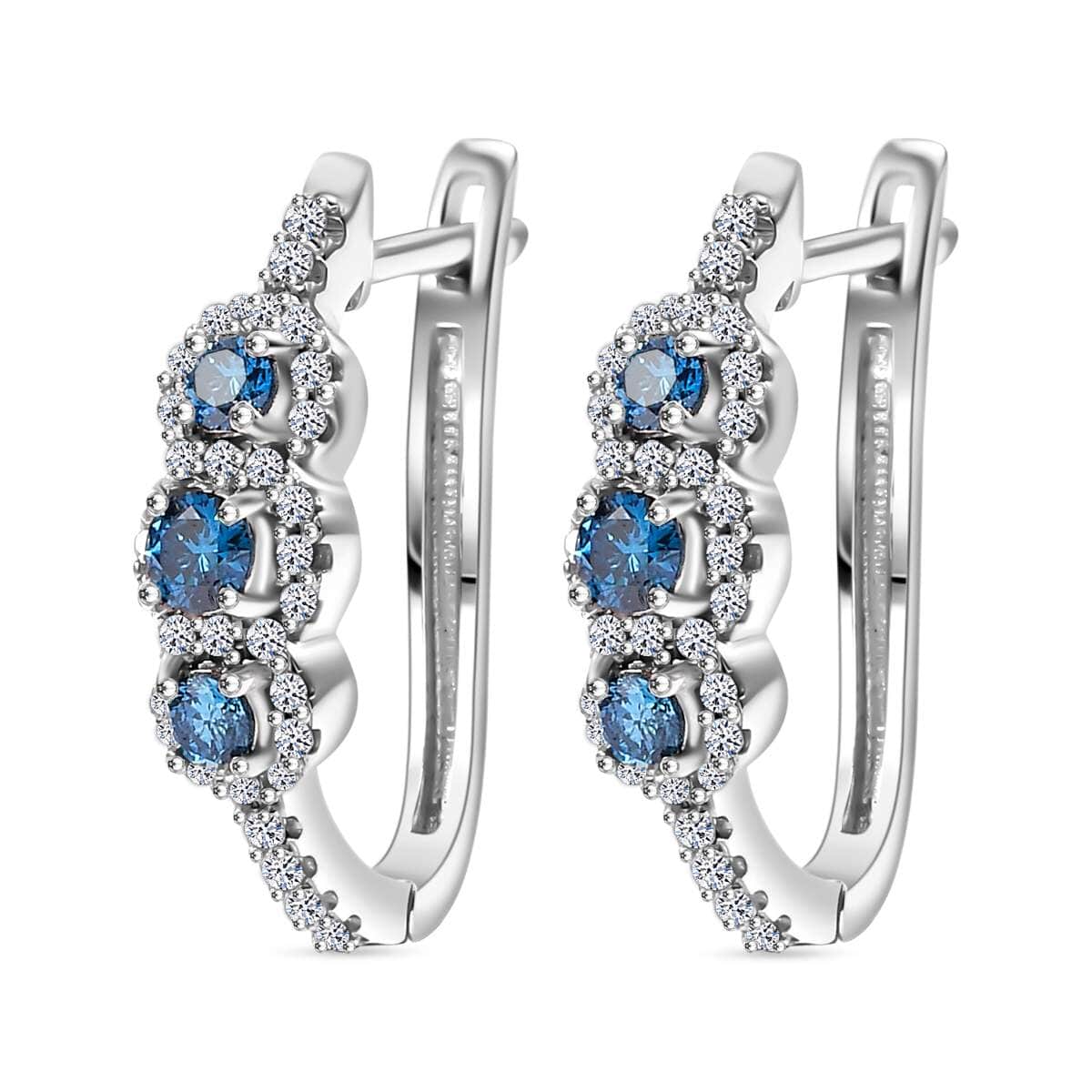 Luxuriant Lab Grown Blue and White Diamond VS 1.00 ctw Hoop Earrings in Rhodium Over Sterling Silver image number 3